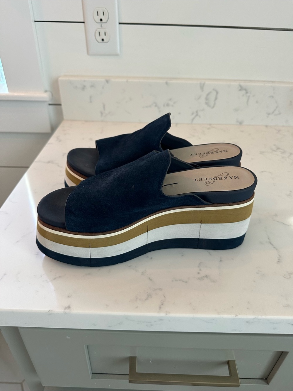Naked Feet Navy Suede Striped Platform Mule - excellent condition